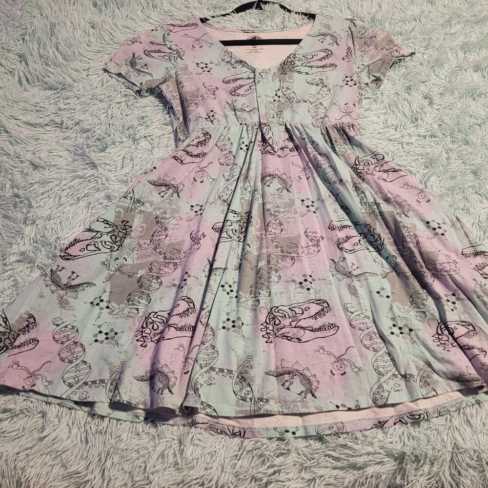 Hot Topic Jurassic Park Dino DNA Mini Skater Dress Short Sleeve Blue Pink Size S